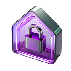 Modern 3d icon of a house with a locked padlock inside isolated on transparent background