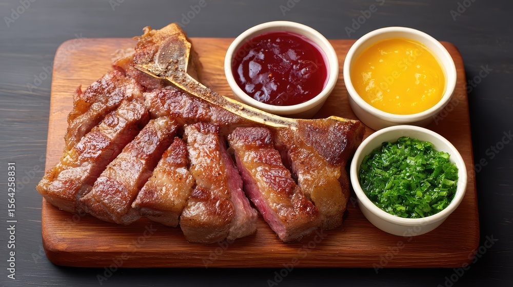 Poster t-bone steak sliced and arranged with dipping sauces in ramekins, juicy meat layout with open space