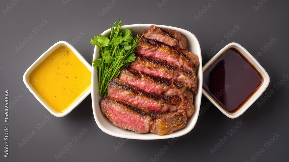 Aufkleber t-bone steak sliced and arranged with dipping sauces in ramekins, juicy meat layout with open space