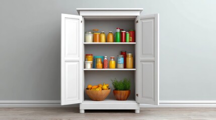 Tall pantry cabinet with open doors showing organized shelves inside, kitchen furniture concept with clean space