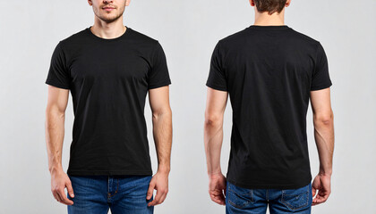 Black blank t shirt front and back mockup. T-Shirt template from two sides isolated on transparent and white background