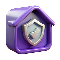 Purple house icon with shield and checkmark isolated on transparent background