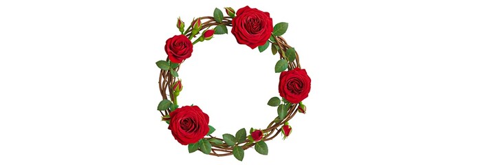 Red rose floral wreath illustration with green leaves in circular decorative design
