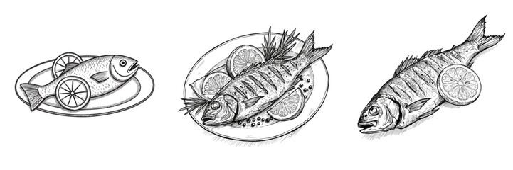 Grilled Fish with Lemon. Hand-drawn sketch vector of delicious grilled fish with lemon, isolated on transparent background. Seafood, healthy eating, restaurant menu, culinary presentation
