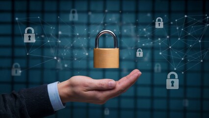 Hand holding padlock in front of digital network with floating locks and grid lines, symbolizing cybersecurity, encrypted protection, and secure system access.