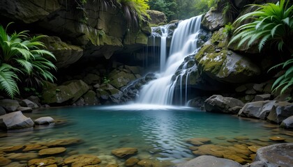 Fototapeta premium Majestic waterfall cascading into a serene pool surrounded by rocks and ferns