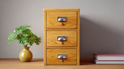Wooden filing cabinet with metal drawer pulls placed beside a desk, functional home office storage with space