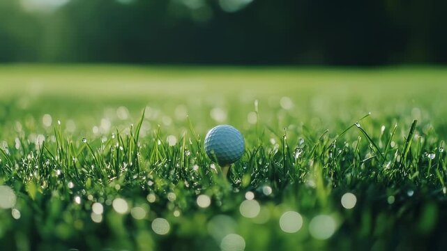 Golf ball glistening amidst dewy morning grass in soft sunrise glow