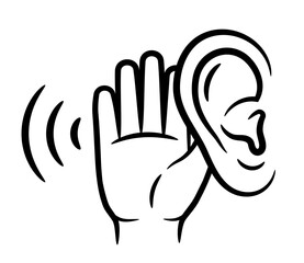 Ear hearing, deafness, listen noise holding hand near head, sound sensory perception organ health problem line icon. Eavesdrop conversation, secret information, curiosity communication gesture. Vector
