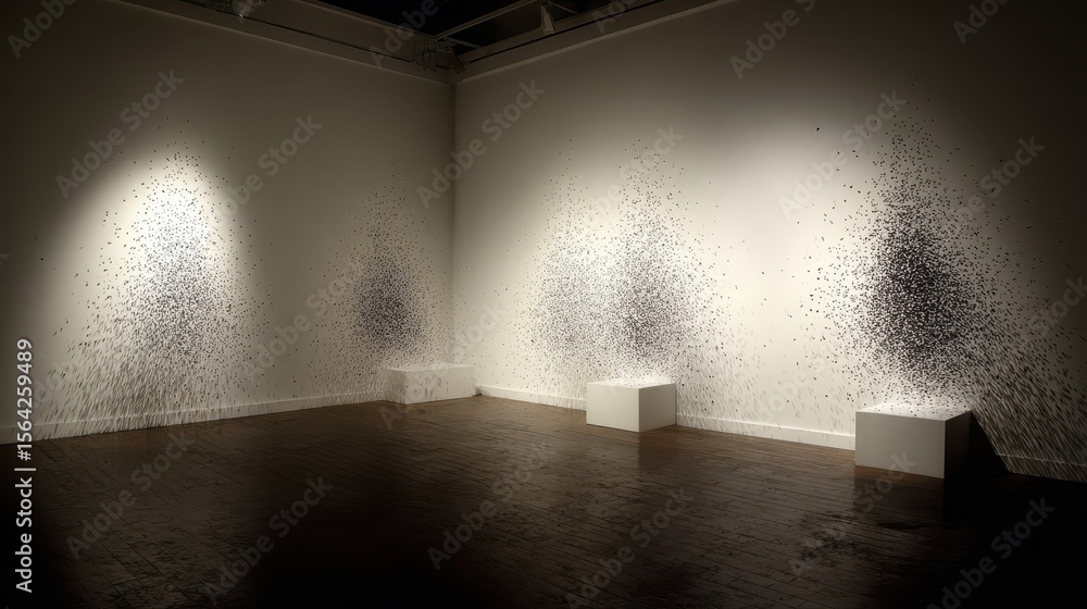 Poster abstract artwork featuring a series of radiating patterns on a wall.