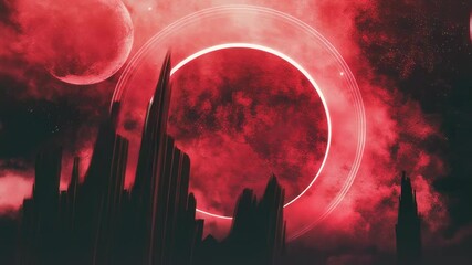 Mystical lunar eclipse unfolding over surreal red landscape with ethereal clouds - Powered by Adobe