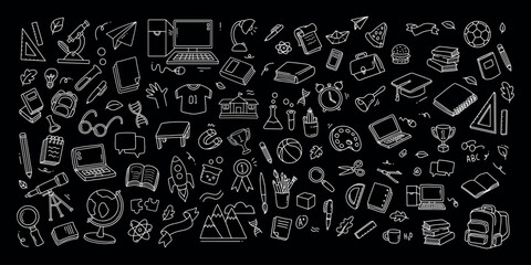 Back to school and education doodle elements in black background