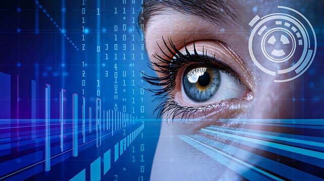 Closeup of human eye with futuristic digital scanning interface

