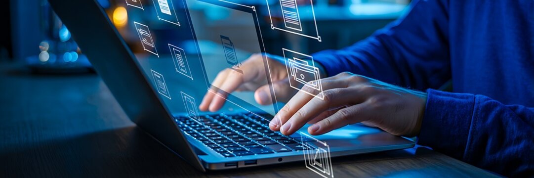 Hands typing on laptop with floating digital interface icons
