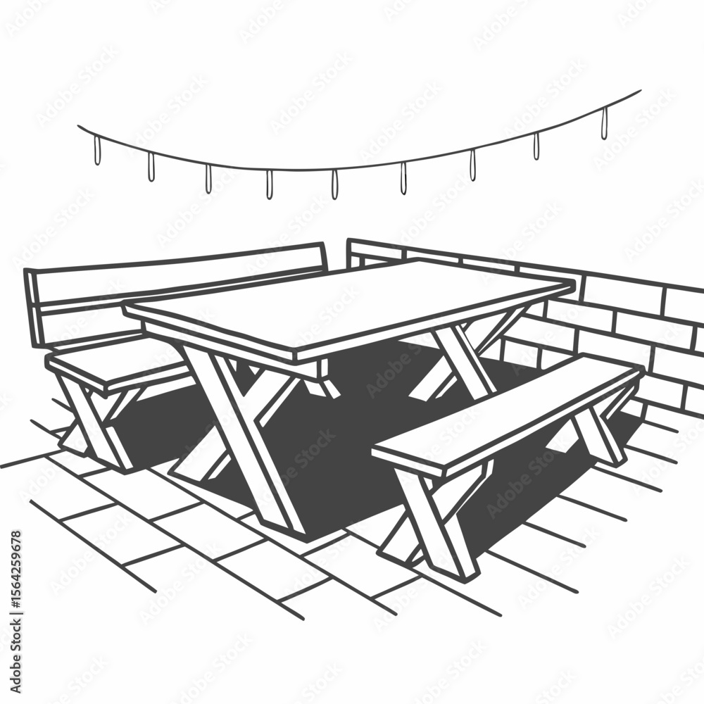 Poster a picnic table with benches sits on a brick patio beneath string lights
