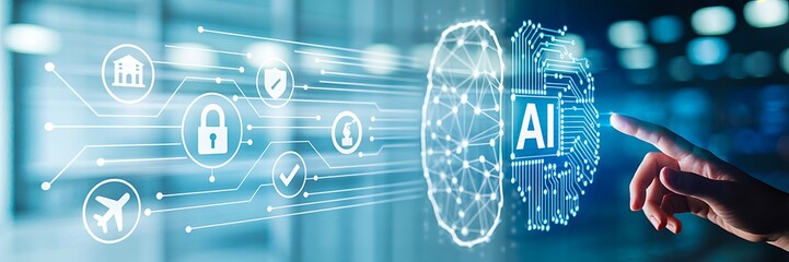 Hand pointing at glowing artificial intelligence icon with data interface
