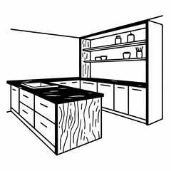 A kitchen island with cabinets and open shelving in a modern home