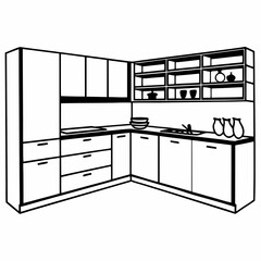 A modern kitchen with cabinets, counters, and open shelving for storage