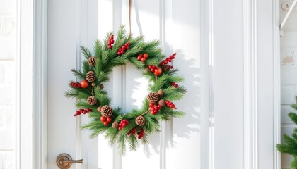 Fototapeta premium Elegant Christmas Wreath Adorning a Classic White Door, Festive Celebration