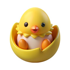 Cute cartoon chick hatching from a yellow egg isolated on transparent background