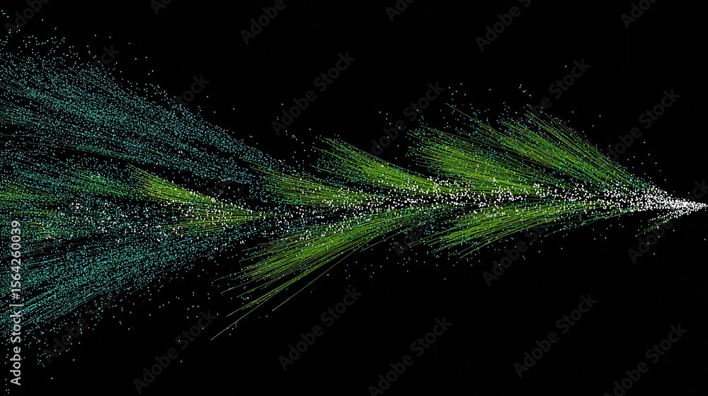 Poster abstract graphic design with radiating lines and particles.