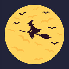 Fototapeta premium Silhouette witch elegantly flies on broom across moonlit night Halloween backdrop