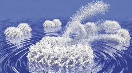 White molecular clusters floating on water.