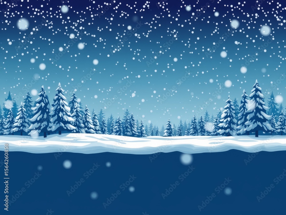 Poster a winter scene with snow falling on evergreen trees and a snowy landscape in a blue color scheme