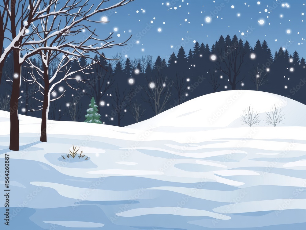 Poster a snowy landscape with bare trees and a forest in the background during a winter snowfall scene