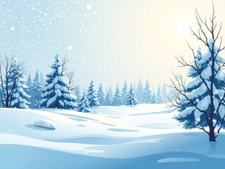 A serene winter landscape featuring snow covered trees and a gentle snowfall on a bright day scene