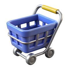 Blue 3d shopping cart with yellow handle isolated on transparent background
