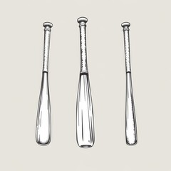 Three baseball bats arranged vertically in a row with a light gray background in a sketch drawing