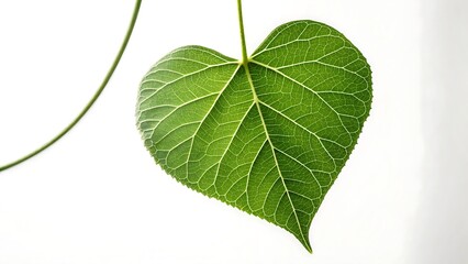 Close up of a heart shaped green leaf with intricate vein patterns