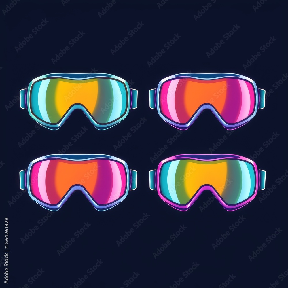 Poster a collection of four colorful ski goggles arranged on a dark background in a square pattern design