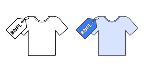 BNPL for clothing icon with t-shirt and BNPL tag, ideal for fashion shopping, digital finance, and buy now pay later platforms.