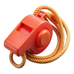 Bright orange referee whistle with yellow lanyard isolated on transparent background