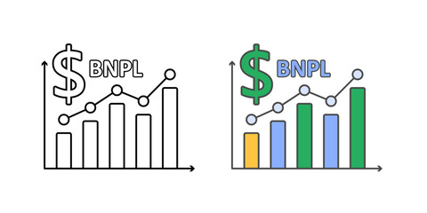 BNPL statistics icon with bar chart and dollar sign, ideal for finance reports, payment analysis, and buy now pay later data illustrations.