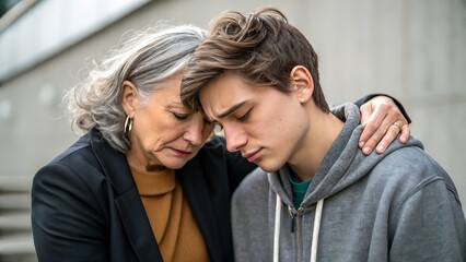 Grandmother comforting a sad grandson with her arm around him