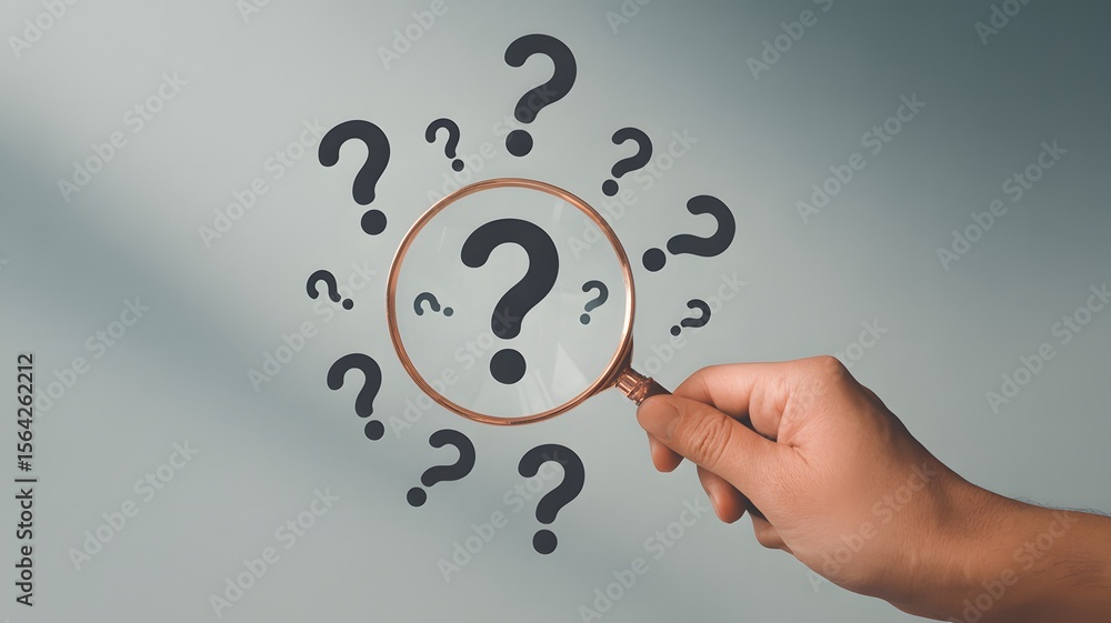 Poster hand holding magnifying glass over question marks representing search solution curiosity problem sol