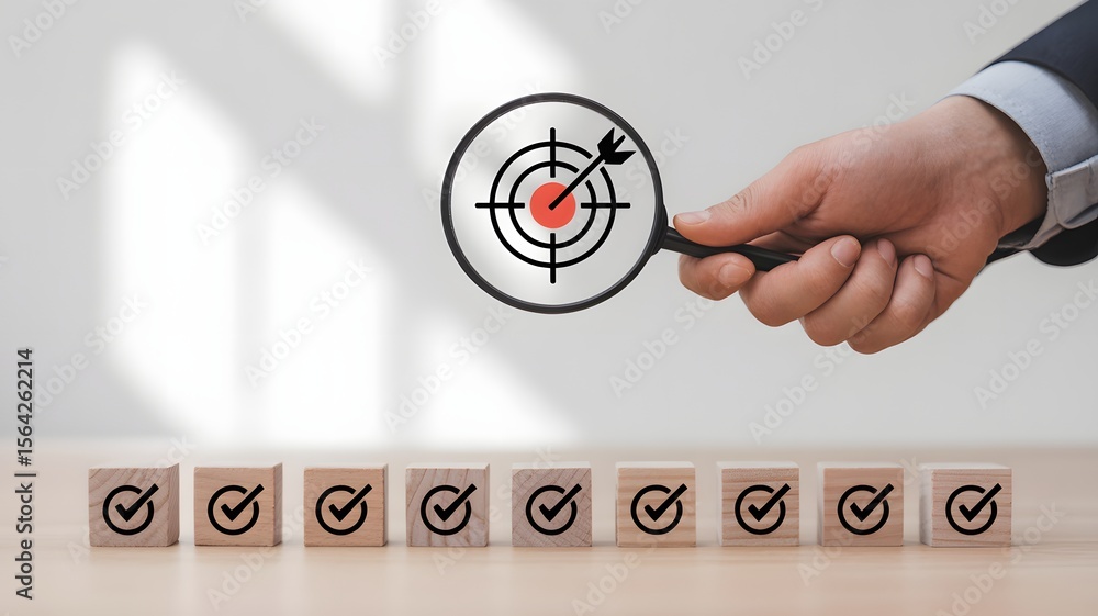 Poster hand holding magnifying glass over target with arrow and check mark blocks representing business goa
