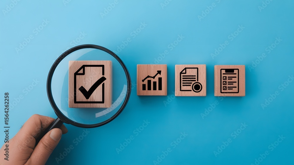 Poster magnifying glass focusing on wooden block with document check mark icon representing quality control