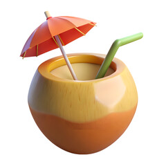Refreshing coconut drink with umbrella and straw isolated on transparent background
