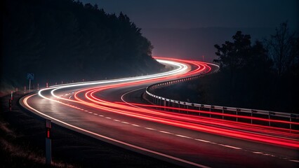 Long exposure shot of car lights on a winding road at night time