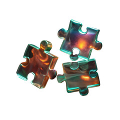 Three iridescent puzzle pieces reflecting warm light on transparent background isolated on transparent background