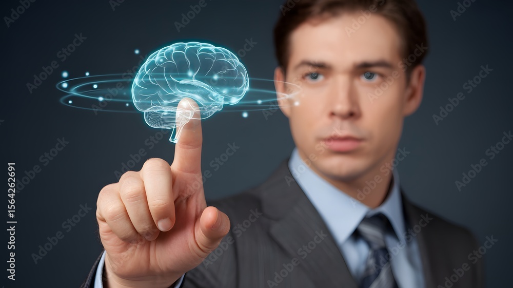 Poster businessman touching futuristic virtual brain interface digital artificial intelligence innovation t