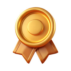 Shiny golden award ribbon emblem with circular center isolated on transparent background
