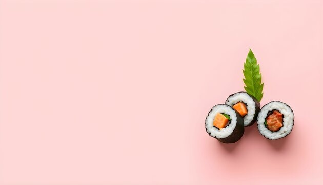 Three maki sushi rolls with a green leaf on a pink background.