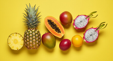 A vibrant spread of tropical fruits promises a sweet escape and healthy indulgence on a bright sunny day with a clean