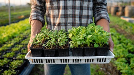 Fototapeta premium Man holding seedling pots in a garden setting for sustainable planting and agriculture