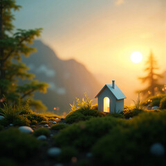 Fototapeta premium Miniature white house on a lush moss-covered landscape surrounded by ferns with radiant morning sunlight, symbolizing eco-living, sustainability, home investment, and green property concepts